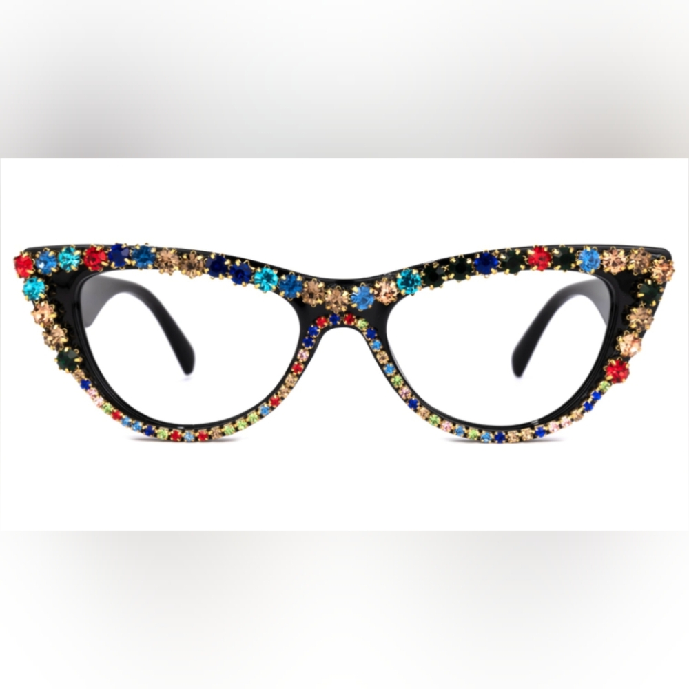Rhinestone cat eye plastic lens frames, sturdy and durable, ready to wear or